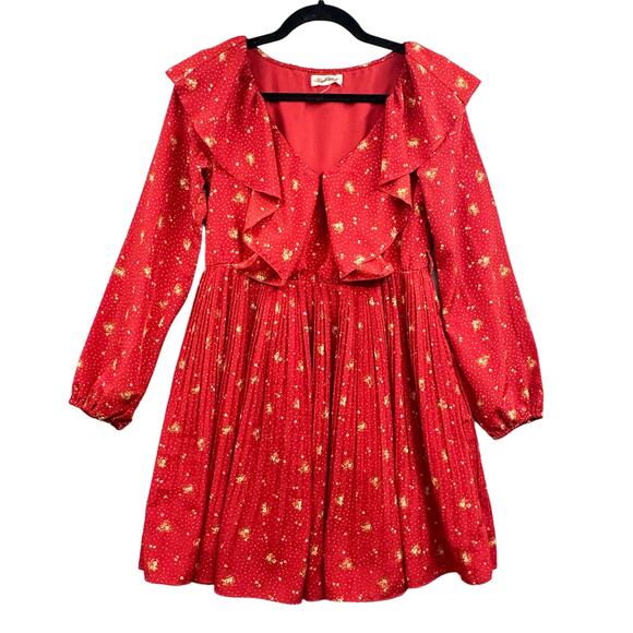 Bye Bye Y2k Mini Dress M Puff Sleeve Pleated Ditsy Floral Red Boho Fairy Cottage - Picture 4 of 16